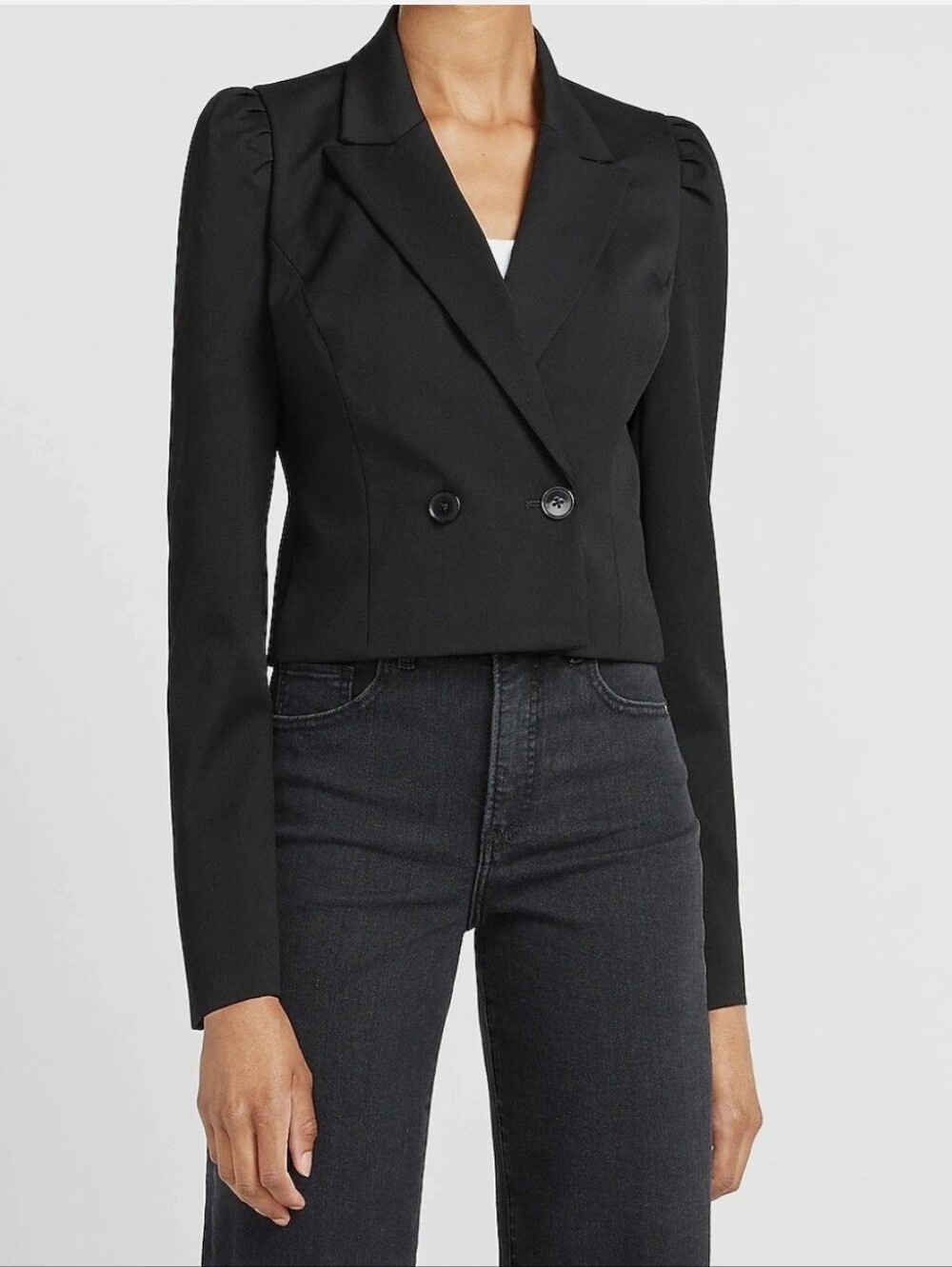 NWT Express Stylist Peak Lapel Double Breasted Puff Sleeve Blazer Cropped Sz M